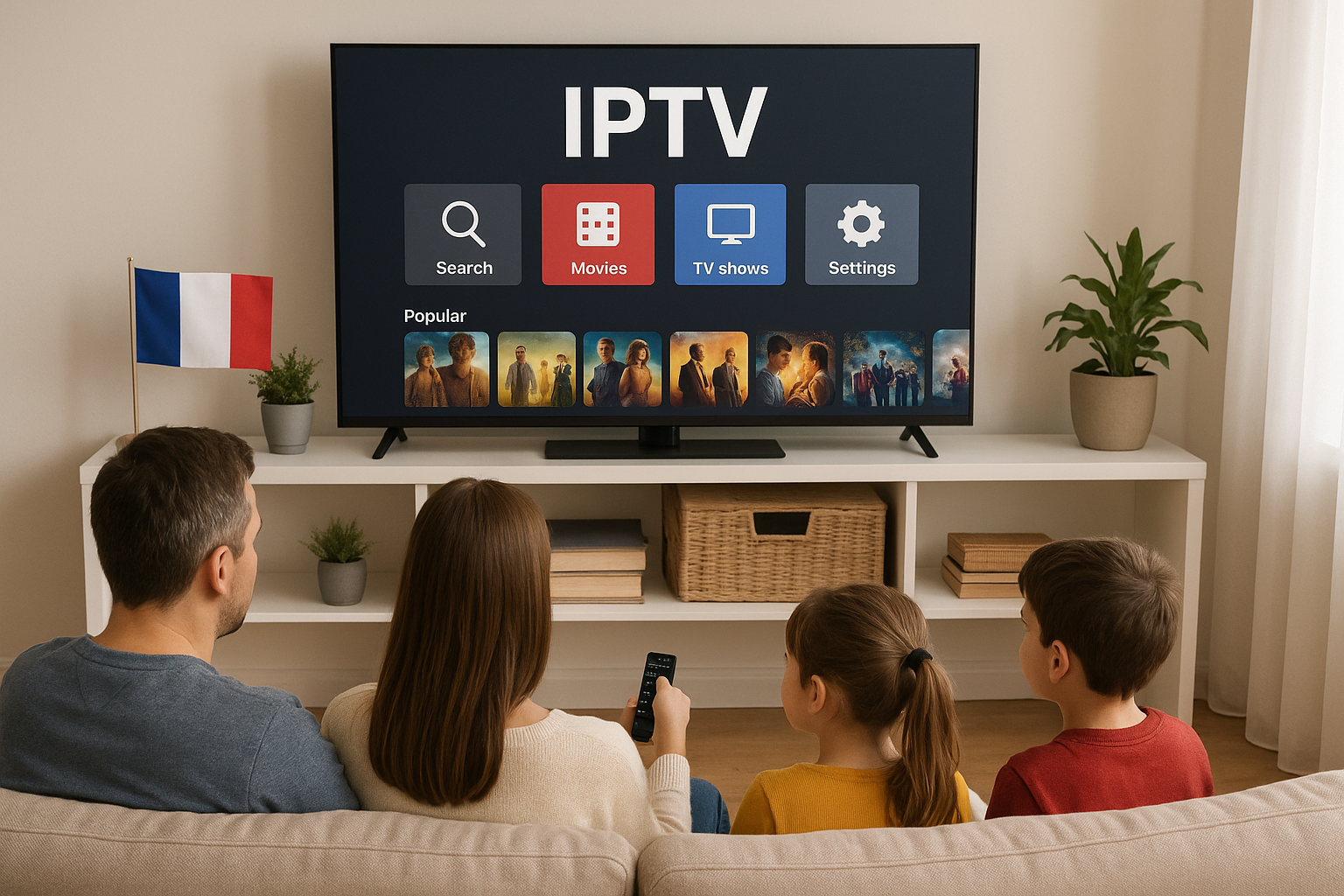 Famille regardant box IPTV télévision ensemble.