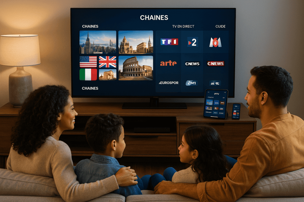 Famille regardant la télévision connectée avec France IPTV Pro via IPTV Amende, affichant des chaînes françaises et internationales en HD/4K sur TV, tablette et smartphone