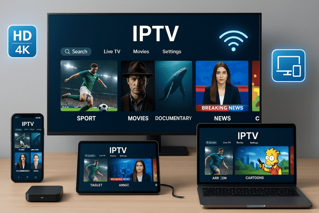 Interface France IPTV Pro affichée en HD/4K sur TV, smartphone, tablette et ordinateur portable avec chaînes sport, films, documentaires, actualités et dessins animés via IPTV Amende.
