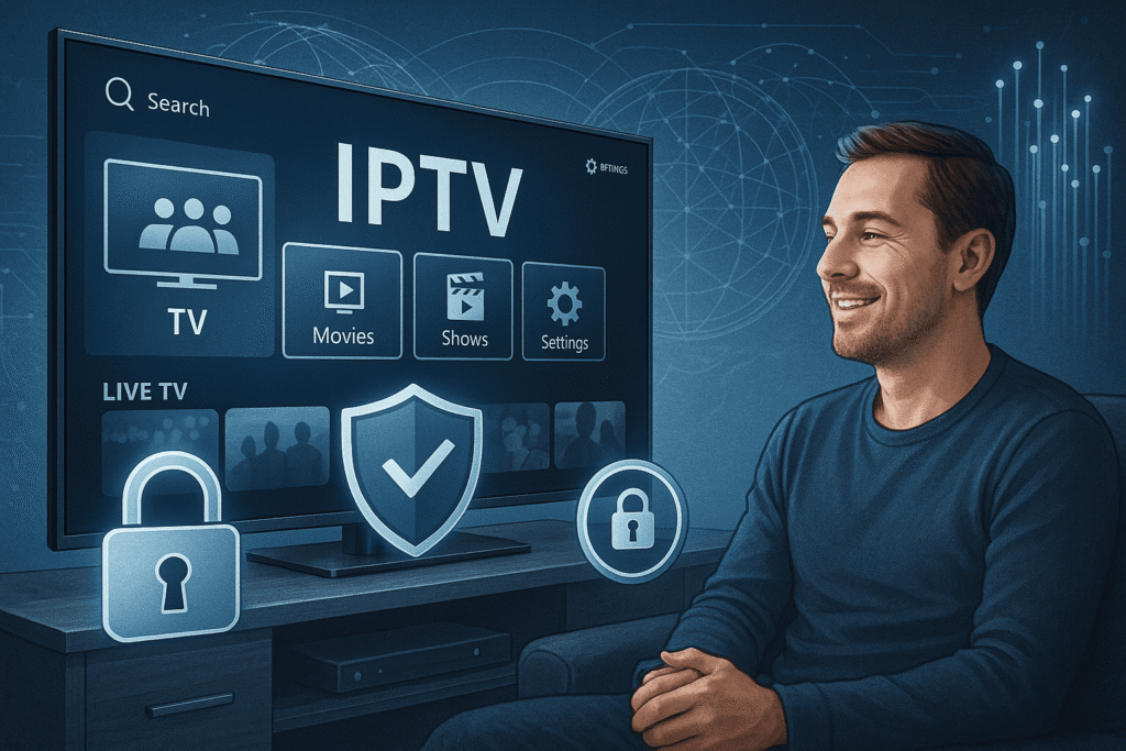 Utilisateur profitant de France IPTV Pro sur une télévision sécurisée avec des icônes de cadenas et bouclier, illustrant la sécurité et la légalité via IPTV Amende