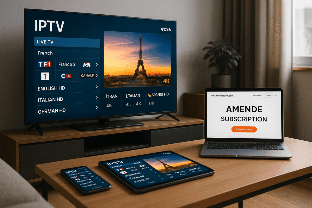 Interface France IPTV Pro affichée en HD/4K sur TV, smartphone, tablette et ordinateur portable avec chaînes sport, films, documentaires, actualités et dessins animés via IPTV Amende.