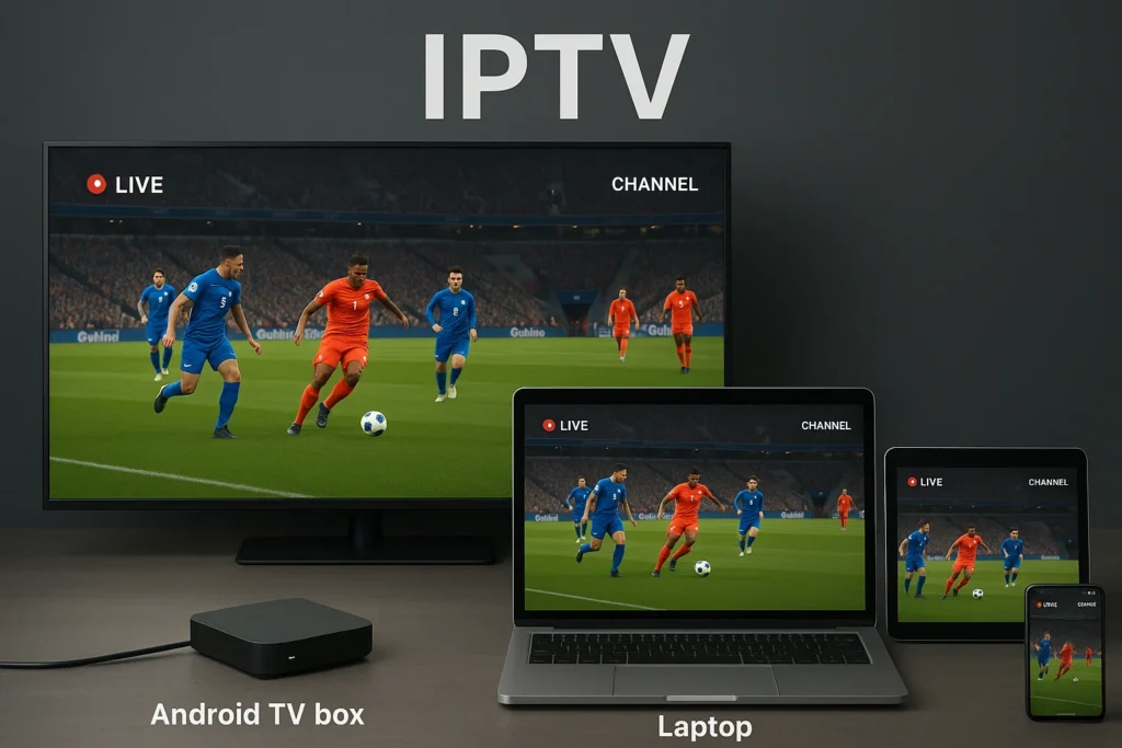 : Installation IPTV affichée sur plusieurs appareils : Smart TV, Android TV box, PC, tablette et smartphone.