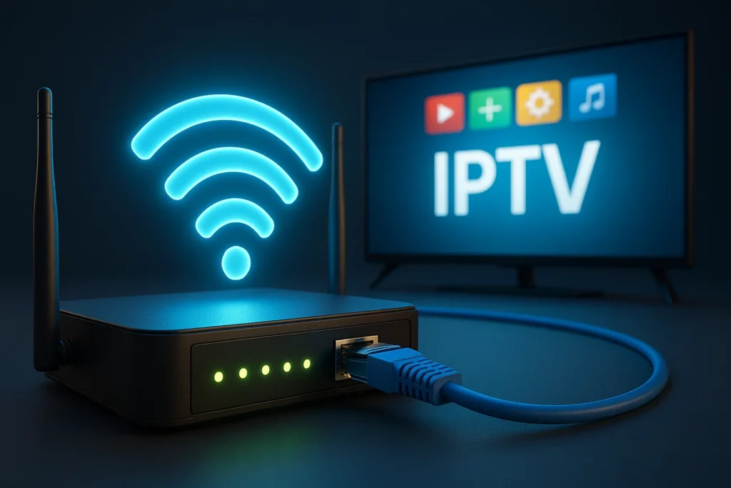 Routeur connecté en Ethernet à une Smart TV pour optimiser une installation IPTV avec Wi-Fi stable.